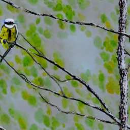Great Yellow Tit on Branch Water Color free seamless pattern